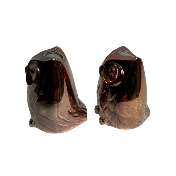 VTG MCM OWL SALT & PEPPER SHAKERS IN COPPER LUSTER FINISH 2" HIGH ORIG STOPPERS - Picture 4 of 7